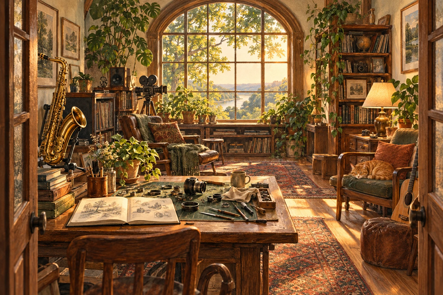 An imagined creative study, with a saxophone, a workbench, books, and an orange cat in the afternoon sun.